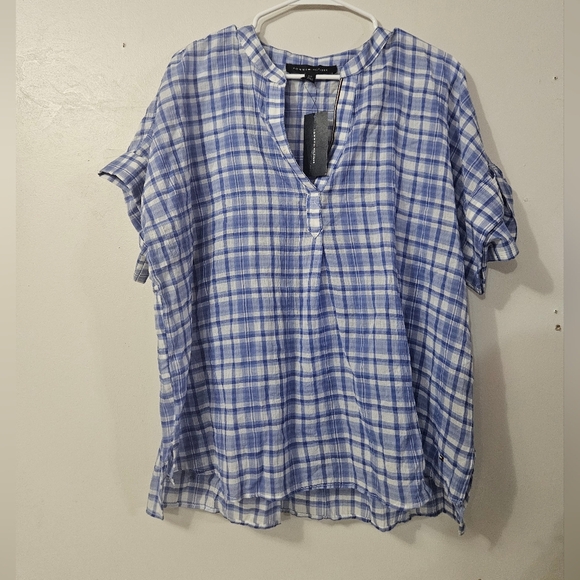 NWT! Defect Pictured. Tommy Hilfiger Womens Blue Plaid Blouse! - Picture 1 of 6